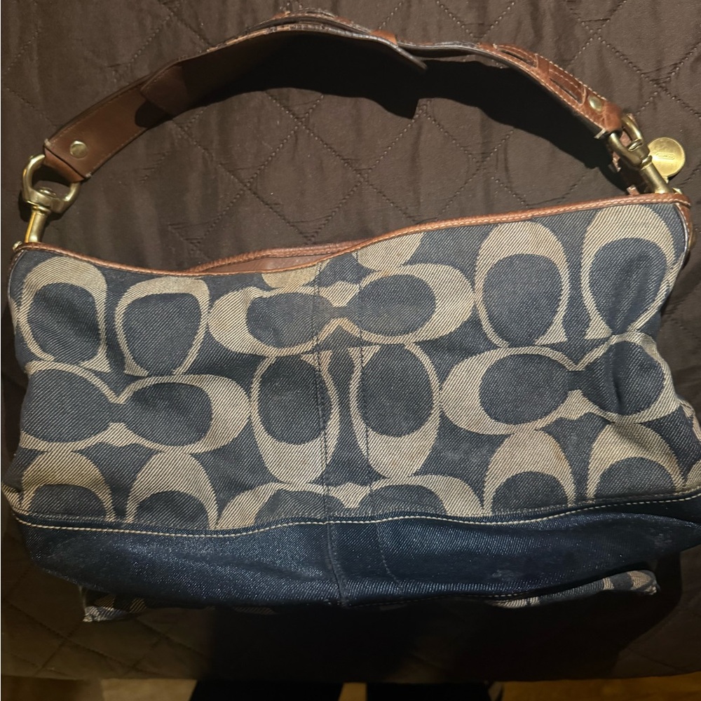 Coach Navy and Brown Patterned Shoulder Bag